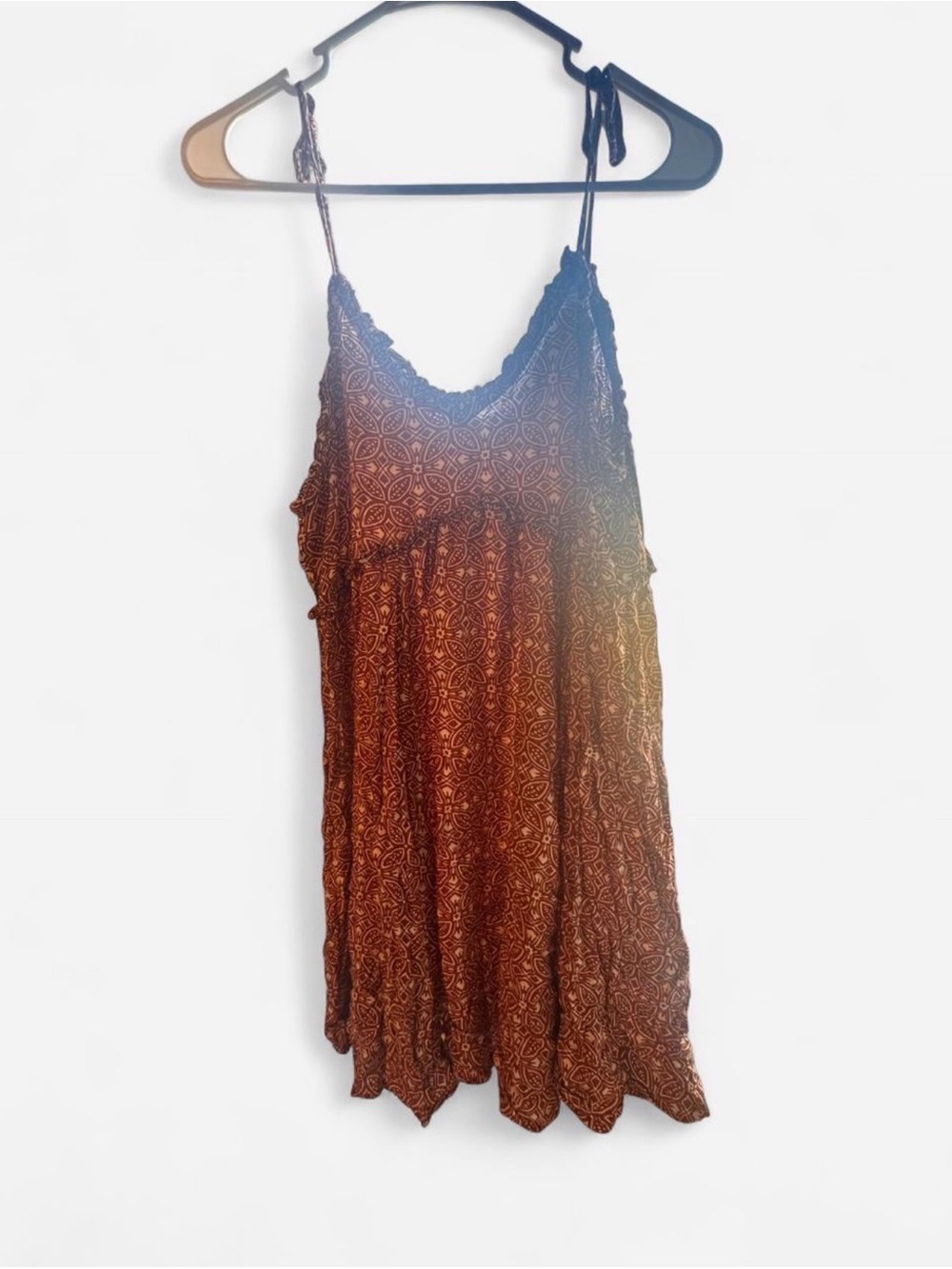 Patrons of Peace Rust Boho Floral Ruffle Mini Dress Tie Straps- Size Small - Picture 6 of 6
